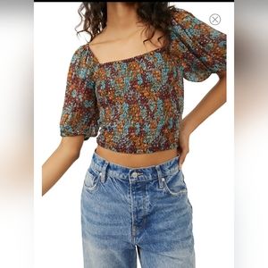 Free People Smocked Puff Sleeve Crop Top